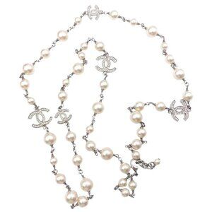 Chanel 5 Silver CC Crystal Faux Pearl Long Necklace